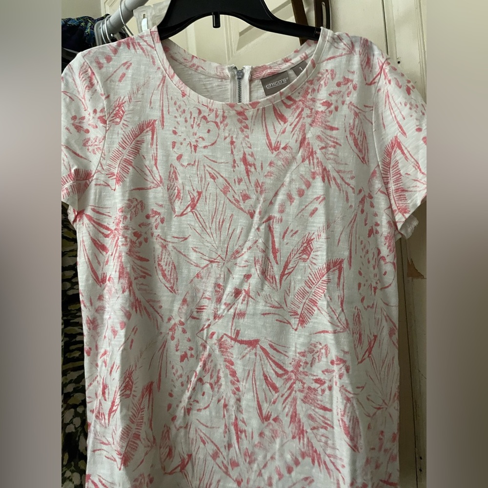 Chicos white blouse with pink floral print NWOT